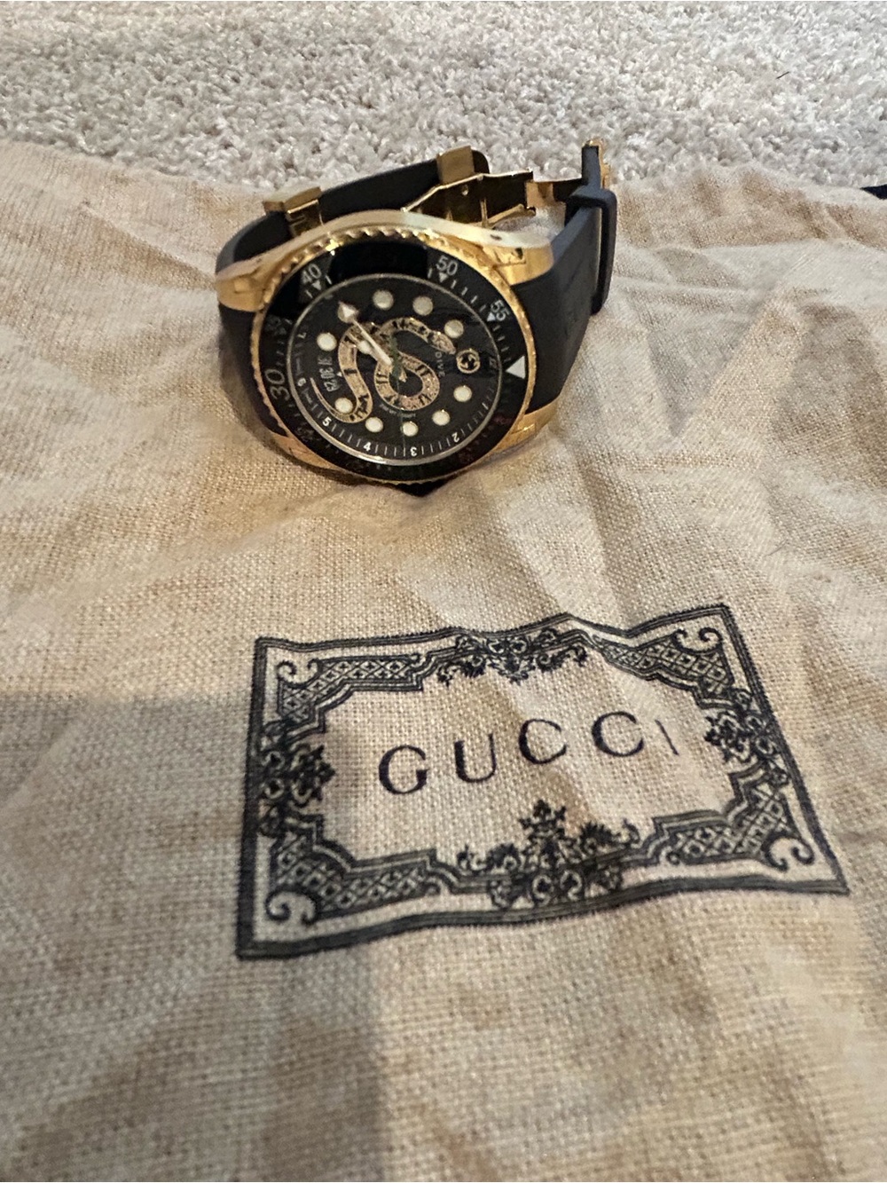 Gucci Gold-Tone Case Black Dial Watch with Black Strap